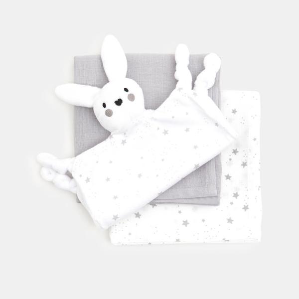 Coffret doudou plat lapin et 2 langes gris bébé naissance