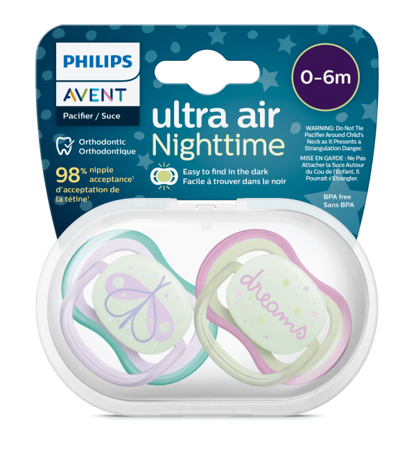 2 sucettes ultra air Night Time 0-6 mois de AVENT “Orthodontic”